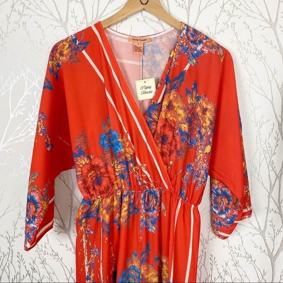 FLYING TOMATO Red Floral Faux Wrap Wide Leg Jumpsuit NWT Small - Picture 2 of 10